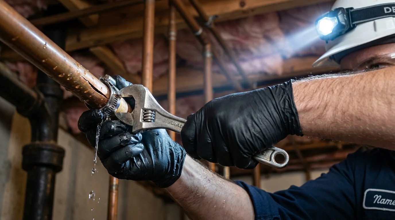 Emergency pipe clamp repair being performed by a Johns Plumbing LLC plumber in Locust