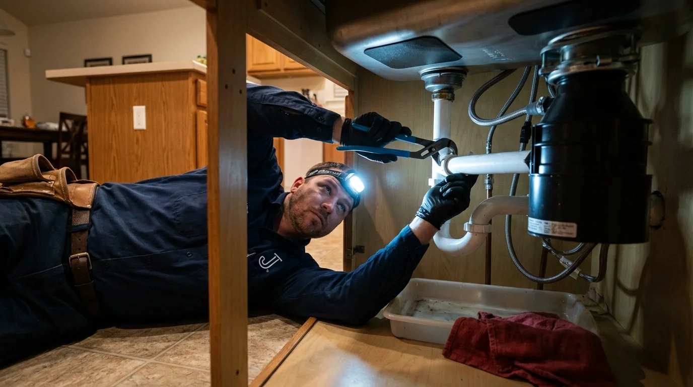 P-trap and supply line connections under a kitchen sink showing a common leak point in Locust, NC